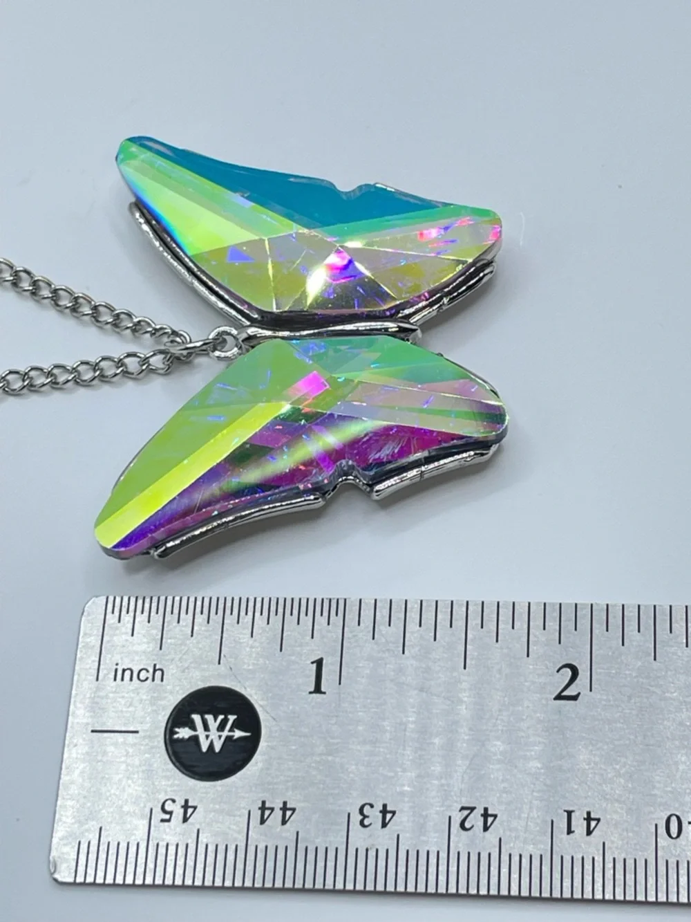 Butterfly AB Crystal Necklace Silver Tone Iridescent Statement Pendant